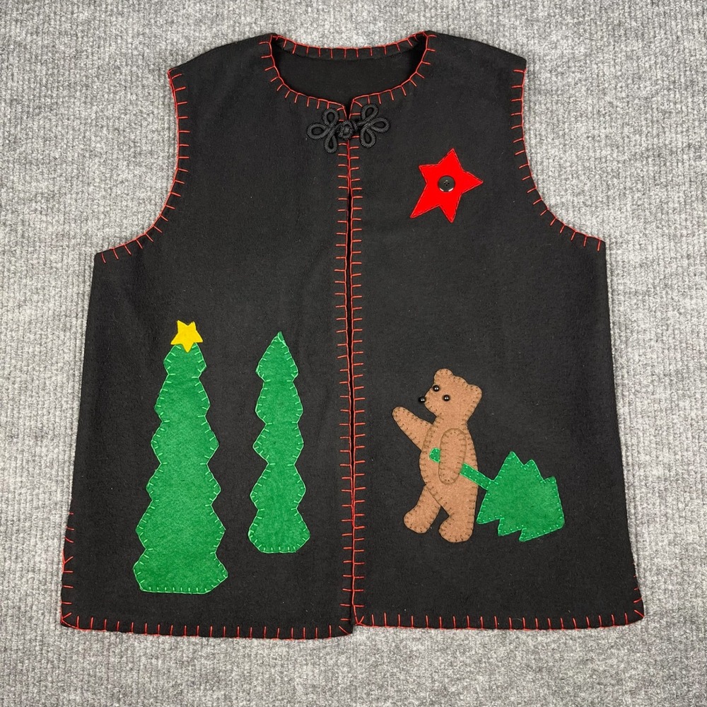 Vtg Handmade Christmas Vest Womens L Felt Teddy Bear Tree Applique Folk Art